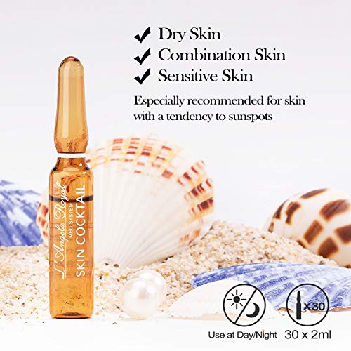 L'Angela Royal Ampollas Skin Cocktail, Ácido Hialurónico, DMAE, Colágeno y Glucógeno Marino, Hidratante, Reductor De Arrugas, Antienvejecimiento, Tratamiento Facial, Para Piel Seca y Mixta, 5 x 2ml