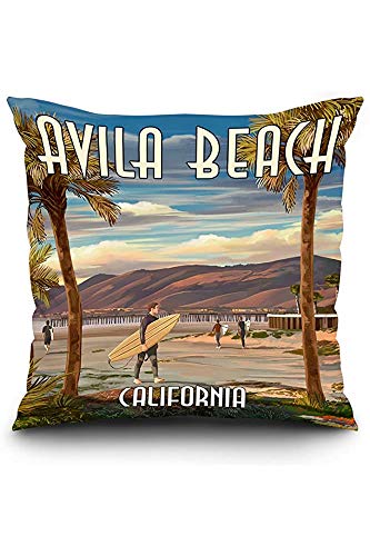 Lantern Press Avila Beach California - Surfer and Pier (Plaza de Almohadas de poliéster Hilado) 18x18 Pulgadas