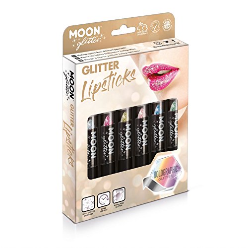 Lápiz Labial Holográfico Brillante por Moon Glitter - 5g - Set de regalo con 6 barras de labios: plata, rosa, dorado, oro rosa, azul y verde