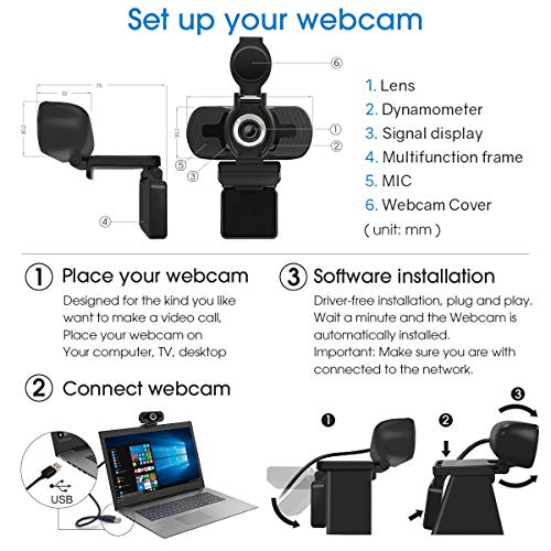 LarmTek Cámara web 1080P Full HD con cubierta de cámara web,cámara de computadora portátil para conferencias y videollamadas,cámara web Pro Stream con videollamadas Plug and Play,micrófono incorporado