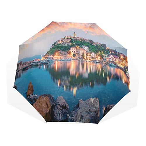 LASINSU Paraguas Resistente a la Intemperie,protección UV,Krk Impresionante Noche Paisaje Urbano Ciudad Vrbnik Costa dramática Parques Croacia Kvarner Mediterráneo Ba