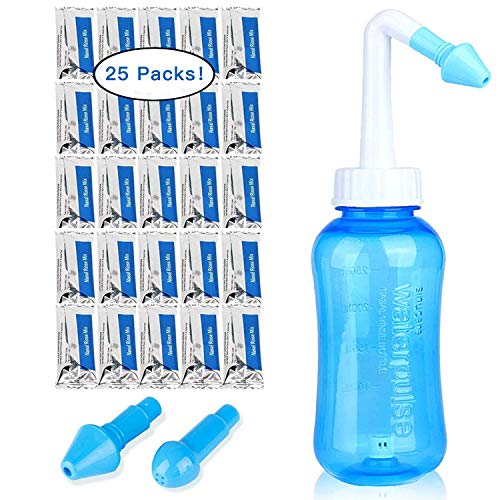 Lavado Nasal, 300ml Sinusitis Irrigación Nasal con 25 Paquetes de Sal, botella de lavado nasal para las alergias y los senos nasales, para adultos y niños