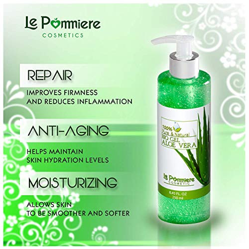 Le Pommiere Bio Gel Aloe vera puro 250ml hidratante natural. Refresca la piel irritada por el depilado y afeitado. Ideal para quemadura solar y picadura de insectos. Regenerador facial & corporal