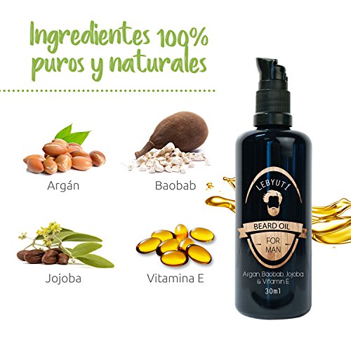 LEBYUTÍ Aceite para barba a base de argán, baobab, jojoba y vitamina E. Bálsamo barba que cuida, nutre y suaviza. ¡Consigue una barba para conquistar! Frasco cristal 30 ml.