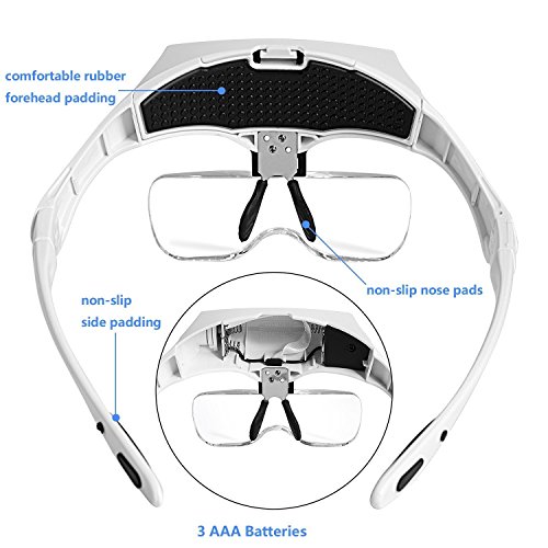 LED Lupa Gafas con Luz Manos Libres Cabeza Lupas de Aumento para Extensión de Pestañas,de Reparación Relojes,Costura,Manualidades,5 Lentes Intercambiables,1X-3.5X