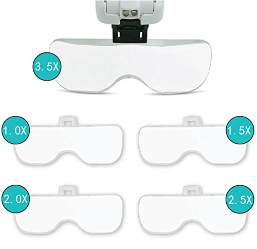 LED Lupa Gafas con Luz Manos Libres Cabeza Lupas de Aumento para Extensión de Pestañas,de Reparación Relojes,Costura,Manualidades,5 Lentes Intercambiables,1X-3.5X