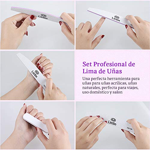 Lictin 12pcs Limas de Uñas Profesionales 100/180- Limas de Uñas de Doble Cara Desechable,Resistentes al Desgaste y Lavables, Adecuadas para Uso en Hogar y El Salón (Rosa)