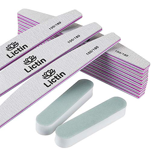 Lictin 12pcs Limas de Uñas Profesionales 100/180- Limas de Uñas de Doble Cara Desechable,Resistentes al Desgaste y Lavables, Adecuadas para Uso en Hogar y El Salón (Rosa)