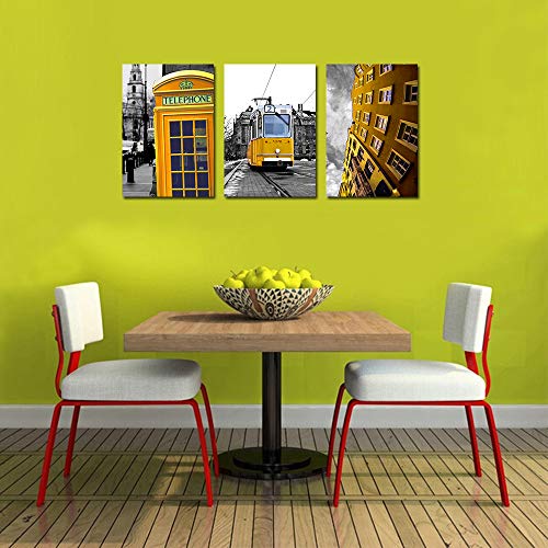 Lienzo decorativo para pared, diseño de cabina telefónica, color blanco y negro, diseño de calle de ciudad en color amarillo, 3 piezas, pintura de