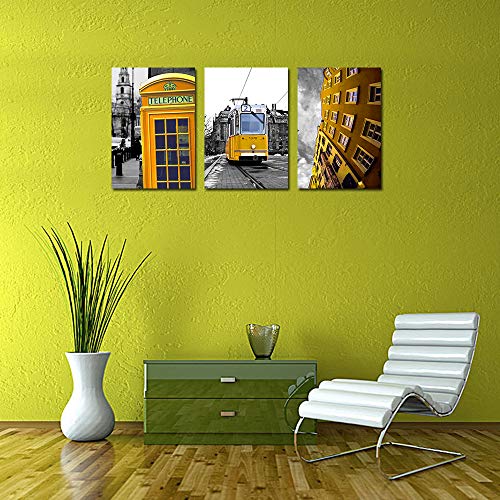 Lienzo decorativo para pared, diseño de cabina telefónica, color blanco y negro, diseño de calle de ciudad en color amarillo, 3 piezas, pintura de