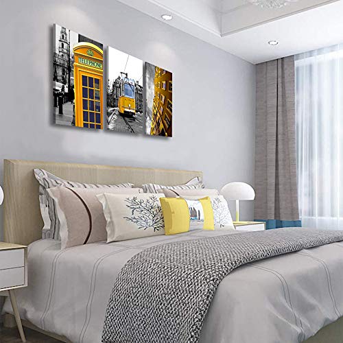 Lienzo decorativo para pared, diseño de cabina telefónica, color blanco y negro, diseño de calle de ciudad en color amarillo, 3 piezas, pintura de