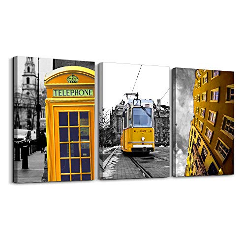 Lienzo decorativo para pared, diseño de cabina telefónica, color blanco y negro, diseño de calle de ciudad en color amarillo, 3 piezas, pintura de