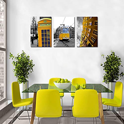 Lienzo decorativo para pared, diseño de cabina telefónica, color blanco y negro, diseño de calle de ciudad en color amarillo, 3 piezas, pintura de
