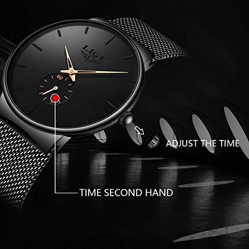 LIGE Relojes para Hombres Acero Inoxidable Impermeable Reloj Analógico de Cuarzo Cronógrafo Banda de Malla Milanesa Esfera Negra Fecha Moda Casual Relojes de Pulsera