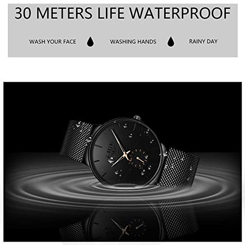 LIGE Relojes para Hombres Acero Inoxidable Impermeable Reloj Analógico de Cuarzo Cronógrafo Banda de Malla Milanesa Esfera Negra Fecha Moda Casual Relojes de Pulsera