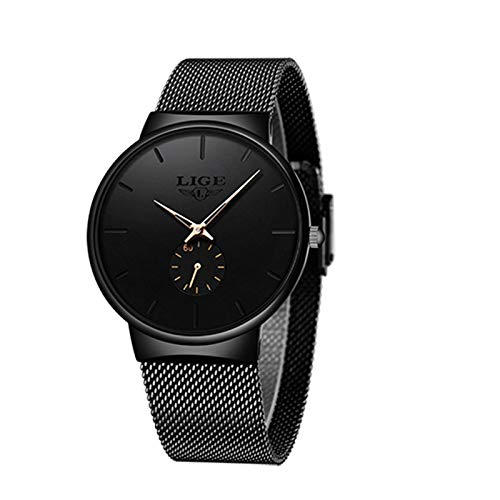 LIGE Relojes para Hombres Acero Inoxidable Impermeable Reloj Analógico de Cuarzo Cronógrafo Banda de Malla Milanesa Esfera Negra Fecha Moda Casual Relojes de Pulsera