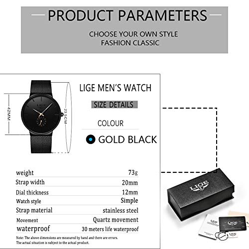 LIGE Relojes para Hombres Acero Inoxidable Impermeable Reloj Analógico de Cuarzo Cronógrafo Banda de Malla Milanesa Esfera Negra Fecha Moda Casual Relojes de Pulsera