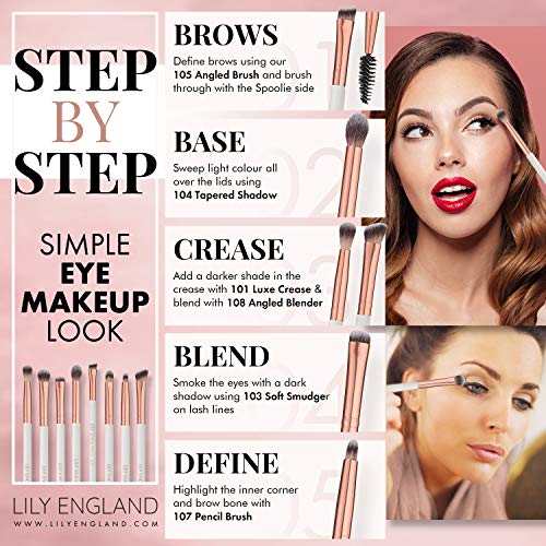 Lily England - Set de Pinceles de Maquillaje Los 8 Mejores Pinceles para los Ojos, Fibras Veganas Sintéticas de Larga Duración, Oro Rosa