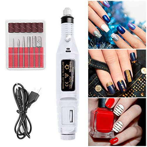 Lima de uñas eléctrica, JUSTDOLIFE Kit de Manicura Eléctrico, Torno para uñas USB Manicure Pen Sander Polisher With 6 Pieces, Pegatinas Uñas, Set de Manicura para Salón/DIY