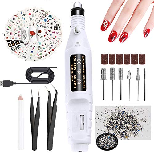 Lima de uñas eléctrica, JUSTDOLIFE Kit de Manicura Eléctrico, Torno para uñas USB Manicure Pen Sander Polisher With 6 Pieces, Pegatinas Uñas, Set de Manicura para Salón/DIY