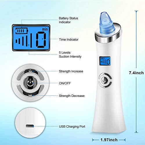 Limpiador de Poros, 6-In-1 Electrico Extractor Punto Negros Removedor de Espinillas, Quitar Puntos Negros 5 Niveles Ajustable con USB Carga Portátil Eliminador de Espinillas y Acné…