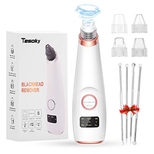 Limpiador de Poros,Tesoky Quita Puntos Negros Limpieza Facial Electrico Extractor Puntos Negros Multifunción 5 Cabezales y 3 Modos/Instrumento de Belleza Recargable con Pantalla LED