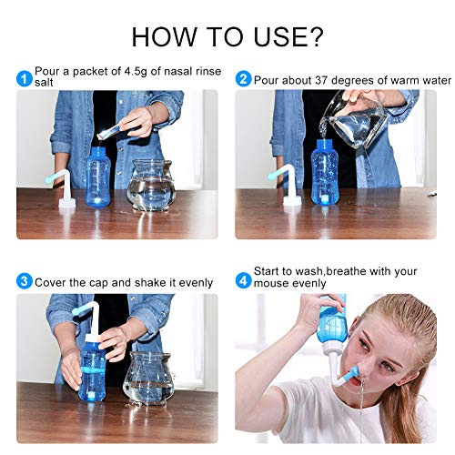 Limpiador Nasal,500ml Sinusitis Irrigación Nasal con 30 Paquetes de Sal, Limpiador de Nariz para Adultos/Niños, Enjuague Nasal para Aliviar Nasal Causada por las Rinitis Alérgica/Infecciones