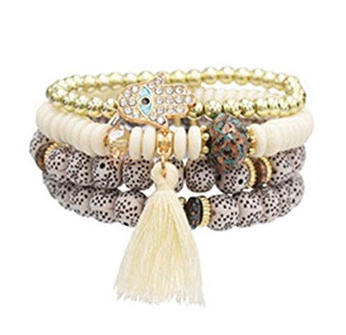 Lisa Pulsera De Estilo Étnico Bohemio, Pulsera con Cuentas De Borla Turquesa De Bergamota Moda Salvaje para Vestirse En Verano,Blanco