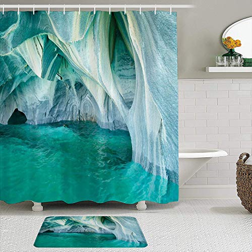 LISNIANY Conjunto De Ducha Cortina Alfombra,Cueva de mármol Natural en el Lago mediterráneo Europeo Foto de Arte erosionado geológico,Uso en baño, Hotel