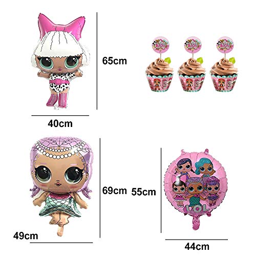 LOL Cake Topper, Borde de la torta,LOL Party's Helium Balloons(48 Piezas) LOL Happy Birthday Party Supplies Cupcake Topper,Birthday Doll Globos Decoraciones para Children