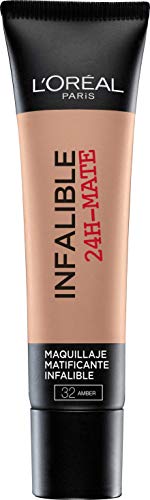 L'Oréal Paris 24H Mate, Base Maquillaje Matificante Larga Duración, Tono de Piel Medio 32 Ambre - 35 ml
