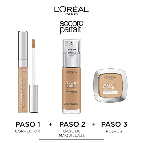 L'Oréal Paris Accord Parfait, Base de maquillaje acabado natural con ácido hialurónico, tono piel medio 3.5N, 30 ml