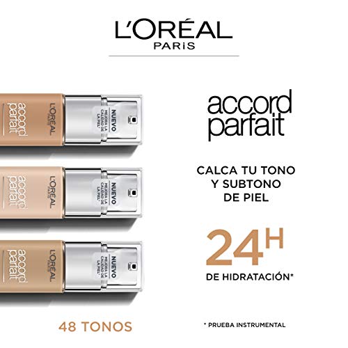 L'Oréal Paris Accord Parfait, Base de maquillaje acabado natural con ácido hialurónico, tono piel medio 3.5N, 30 ml