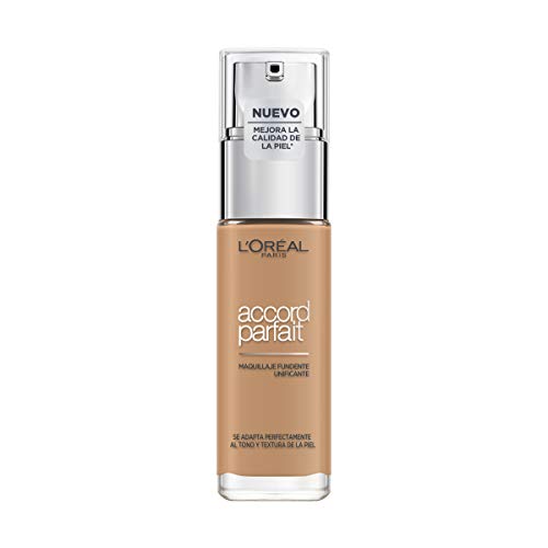 L'Oréal Paris Accord Parfait, Base de maquillaje acabado natural con ácido hialurónico, tono piel medio-oscuro 7D, 30 ml