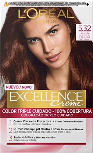 L'Oréal Paris Excellence - Crema Colorante Permanente Triple Cuidado con Pro-Keratina y Savia Nutritiva, Tono 5.32 Castaño Tostado