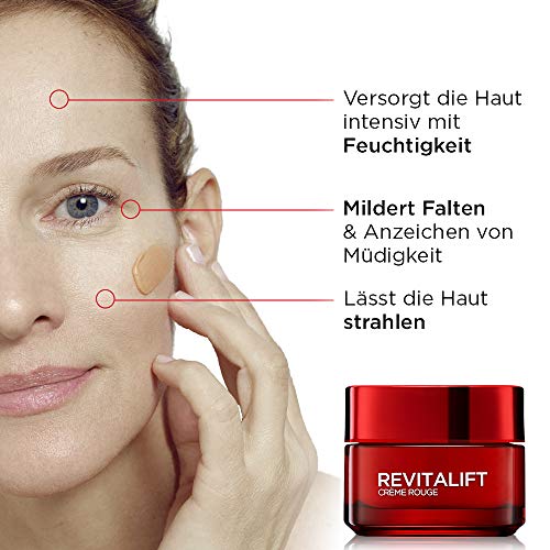 L'Oréal Paris Revitalift Crème Rouge Crema facial con ginseng rojo, crema hidratante vigorizante con efecto brillante, contra arrugas y ojos, 50 ml