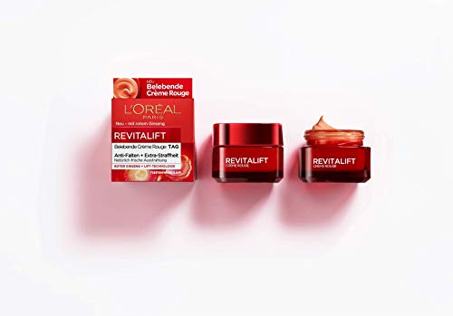L'Oréal Paris Revitalift Crème Rouge Crema facial con ginseng rojo, crema hidratante vigorizante con efecto brillante, contra arrugas y ojos, 50 ml