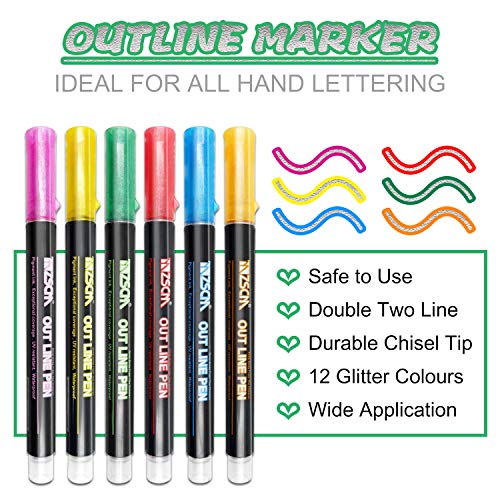 Los bolígrafos de contorno más nuevos, YITHINC 12 colores, bolígrafos de contorno de doble línea, tarjeta de regalo, bolígrafos de dibujo para felicitaciones de cumpleaños, escribir en cuadernos