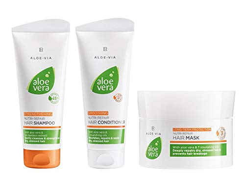LR Aloe Via Serie - Set de cabello de aloe vera - 200 ml de champú Nutri-Repair / 200 ml de acondicionador Nutri-Repair / 200 ml mascarilla Nutri-Repair para el cabello