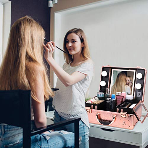 LUVODI Maleta Maquillaje Profesional Estuche de Maquillaje de Aluminio Maletín de Cosméticos con Espejo y 4 Bombillas de Luces LED Color Oro Rosa