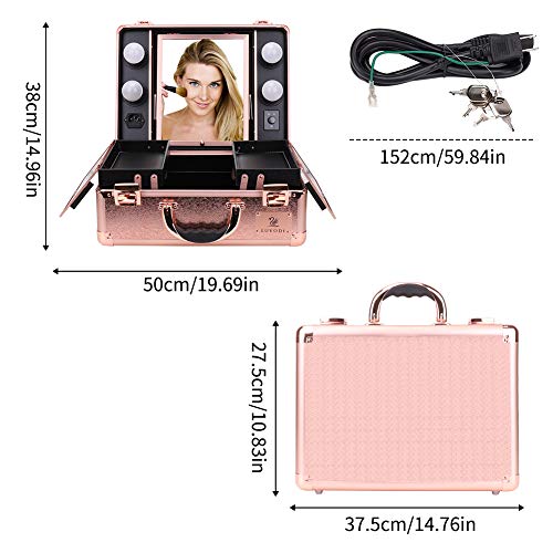 LUVODI Maleta Maquillaje Profesional Estuche de Maquillaje de Aluminio Maletín de Cosméticos con Espejo y 4 Bombillas de Luces LED Color Oro Rosa