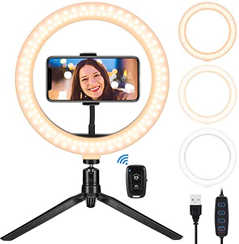Luz de Anillo LED, Teaisiy 10.2" Aro de Luz con Trípode, 3 Modos 10 Brillos Regulables Anillo de Luz para Maquillaje, Youtube, Selfie, TIK Tok, con Bluetooth Control Remoto Soporte Teléfono