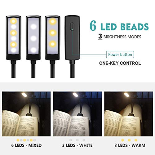 Luz de Lectura OMERIL Luz de Libro Recargable, 6 LED con 3 Modos de Brillo (Luz Cálido y Blanco), 360 ° Flexible Lampara de Lectura Pinza para Lectores Noche, E-Reader, Estudio, Cama, Tablet