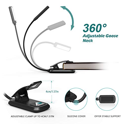 Luz de Lectura OMERIL Luz de Libro Recargable, 6 LED con 3 Modos de Brillo (Luz Cálido y Blanco), 360 ° Flexible Lampara de Lectura Pinza para Lectores Noche, E-Reader, Estudio, Cama, Tablet