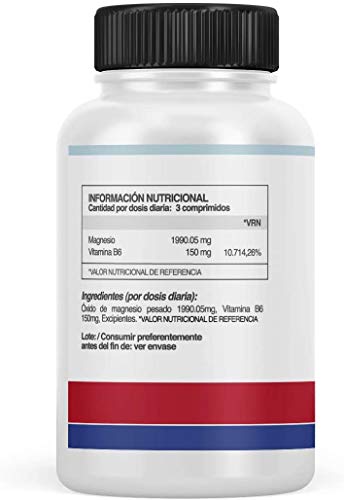 Magnesio 100% Puro [1.990 MG] + Vitamina B6 | Elimina Calambres Musculares y optimiza el funcionamiento muscular | Aumenta la energía | Evita lesiones musculares y fortalece los huesos | 90 comp