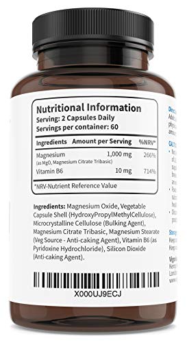 Magnesio VIGORIA - Alivia el cansancio y la fatiga - Salud muscular y ósea - Refuerza el sistema nervioso - Ayuda a dormir mejor - Con vitamina B6 para una alta absorción - 1000 mg 120 cápsulas Vegan