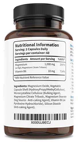 Magnesio VIGORIA - Alivia el cansancio y la fatiga - Salud muscular y ósea - Refuerza el sistema nervioso - Ayuda a dormir mejor - Con vitamina B6 para una alta absorción - 1000 mg 120 cápsulas Vegan