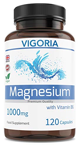 Magnesio VIGORIA - Alivia el cansancio y la fatiga - Salud muscular y ósea - Refuerza el sistema nervioso - Ayuda a dormir mejor - Con vitamina B6 para una alta absorción - 1000 mg 120 cápsulas Vegan