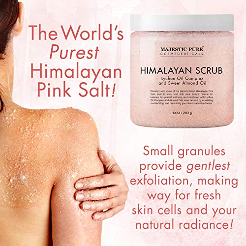 Majestic Pure Himalayan Salt Body Scrub with Lychee Essential Oil, All Natural Scrub to Exfoliate & Moisturize Skin, 12 oz