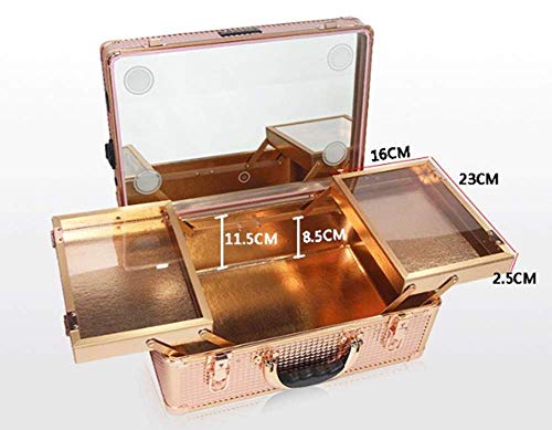 Maletín de maquillaje 2 en 1 con ruedas extraíbles con luz LED de atenuación profesional para artistas dorado 29x22.5x40cm